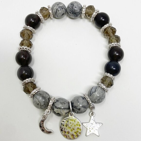 Black Gray Beaded Stretch Bracelet w/Crescent Moon, disk & Star Charms - Picture 4 of 4